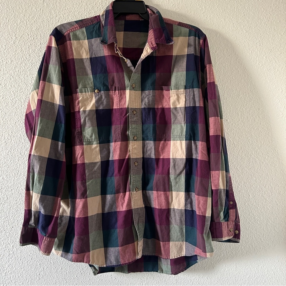 Color Block Plaid Western Rodeo Cowboy Cabin Work Wear Button Up Men’s L/XL